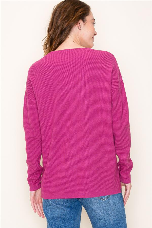 Long Sleeve V-Neck Mini Waffle Pullover Sweater Berry