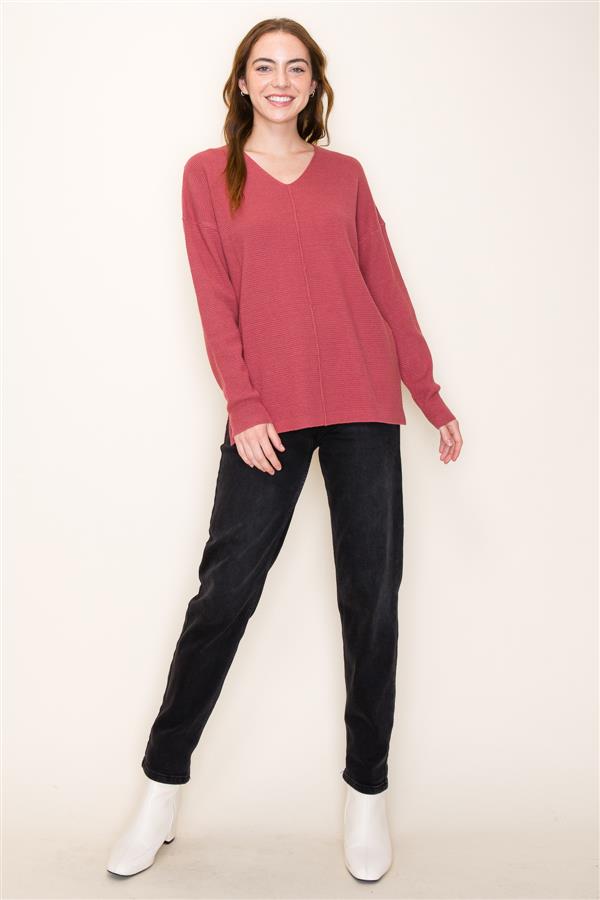 Long Sleeve V-Neck Mini Waffle Pullover Sweater Dark Rose