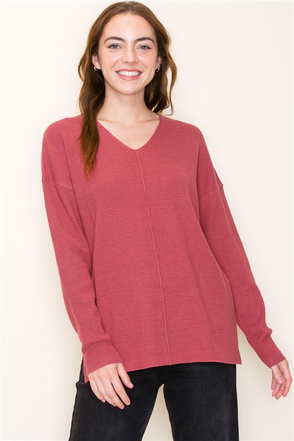 Long Sleeve V-Neck Mini Waffle Pullover Sweater Dark Rose