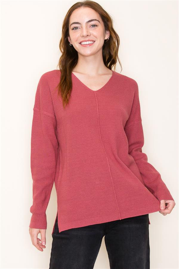 Long Sleeve V-Neck Mini Waffle Pullover Sweater Dark Rose