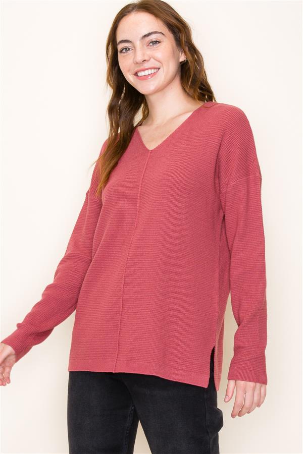 Long Sleeve V-Neck Mini Waffle Pullover Sweater Dark Rose