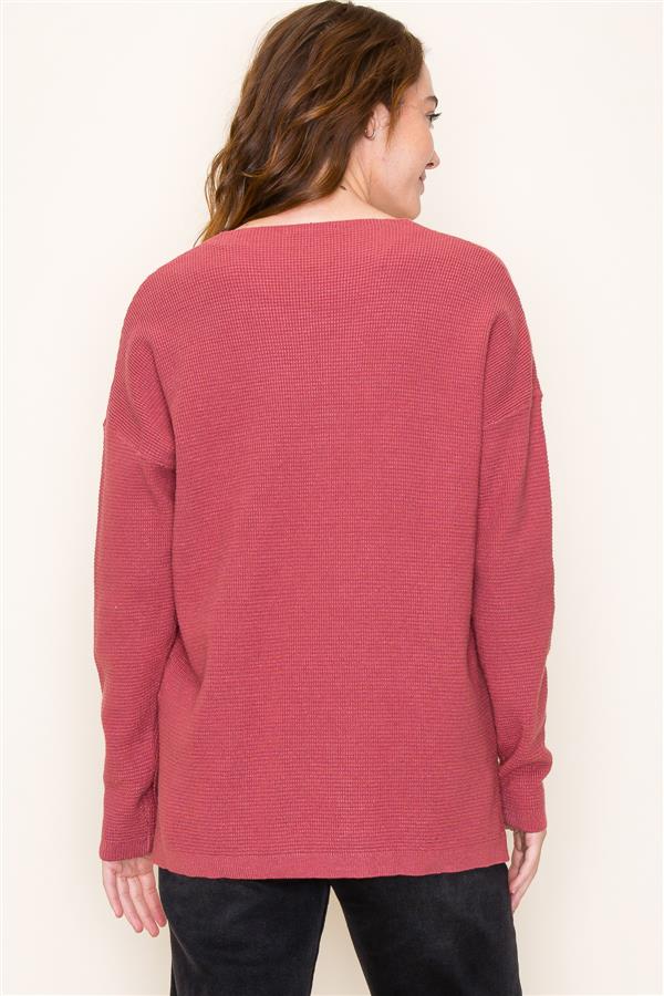 Long Sleeve V-Neck Mini Waffle Pullover Sweater Dark Rose