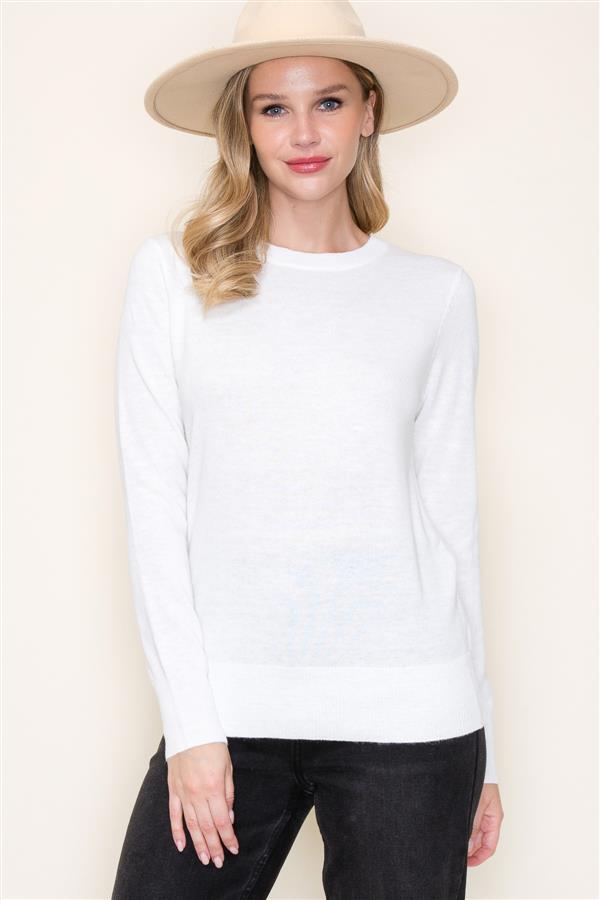 Long Sleeve Light Weight Cashmere-Like Crew Neck Sweater Ivory