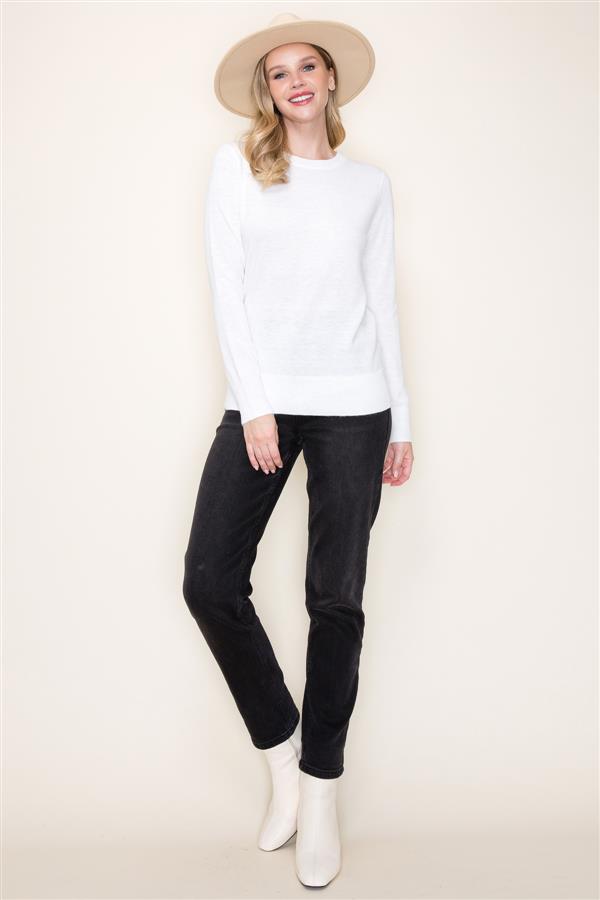 Long Sleeve Light Weight Cashmere-Like Crew Neck Sweater Ivory