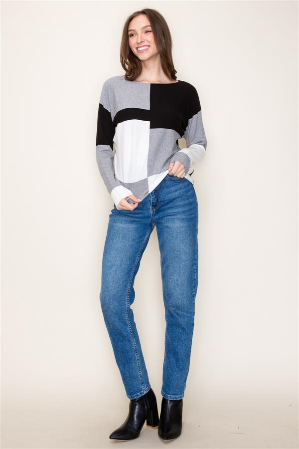 Long Sleeve Color Block Boat Neck Sweater