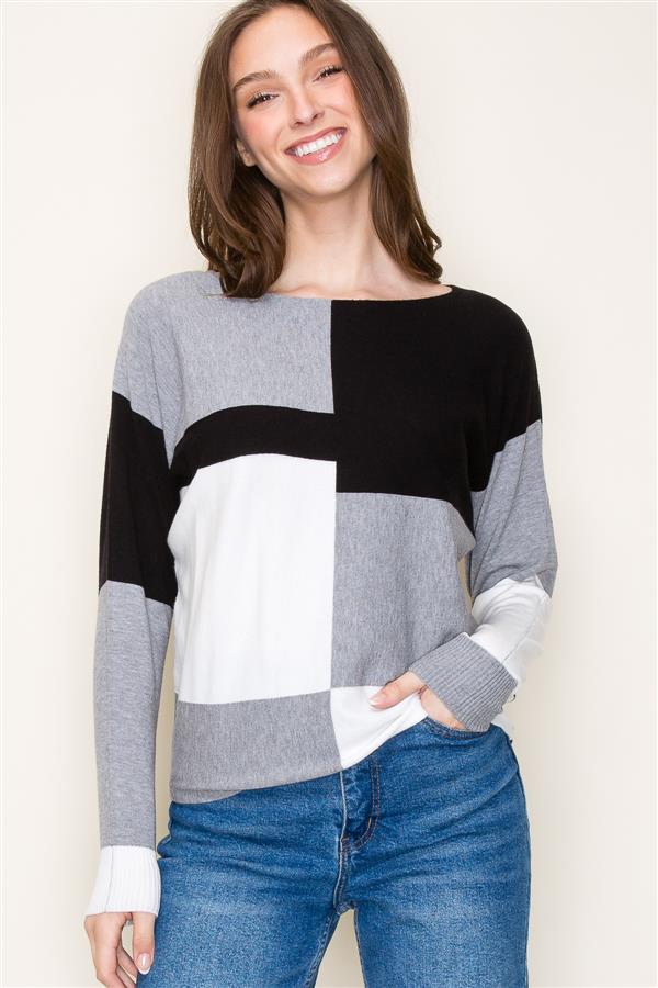 Long Sleeve Color Block Boat Neck Sweater