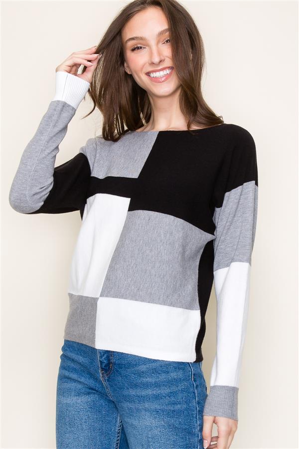 Long Sleeve Color Block Boat Neck Sweater