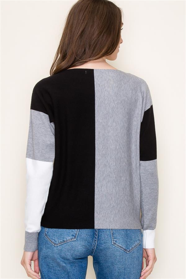 Long Sleeve Color Block Boat Neck Sweater