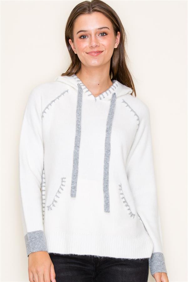 Long Sleeve Blanket Stitch Detailed Pullover Sweater