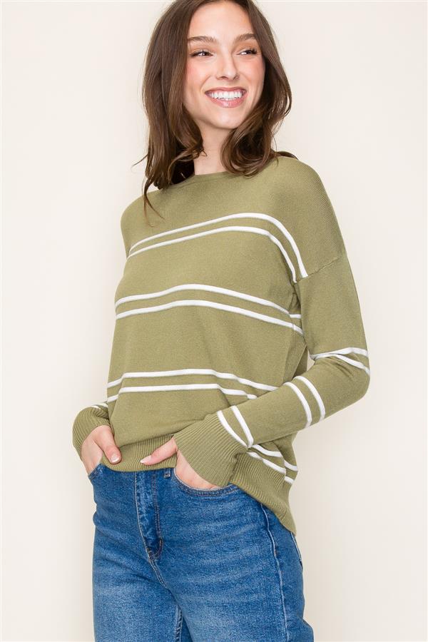 Long Sleeve Textured Stripe Boat Neck Sweater