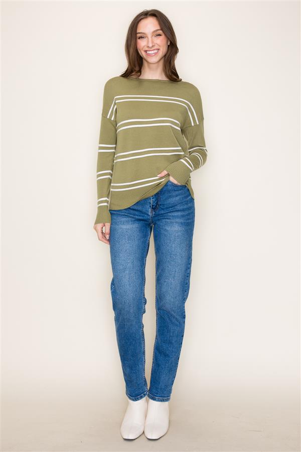 Long Sleeve Textured Stripe Boat Neck Sweater