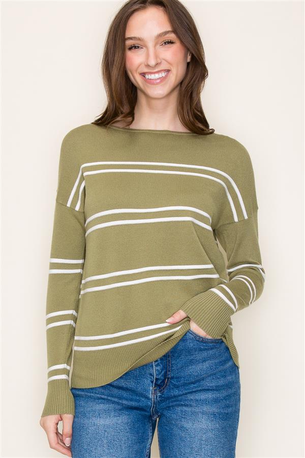 Long Sleeve Textured Stripe Boat Neck Sweater