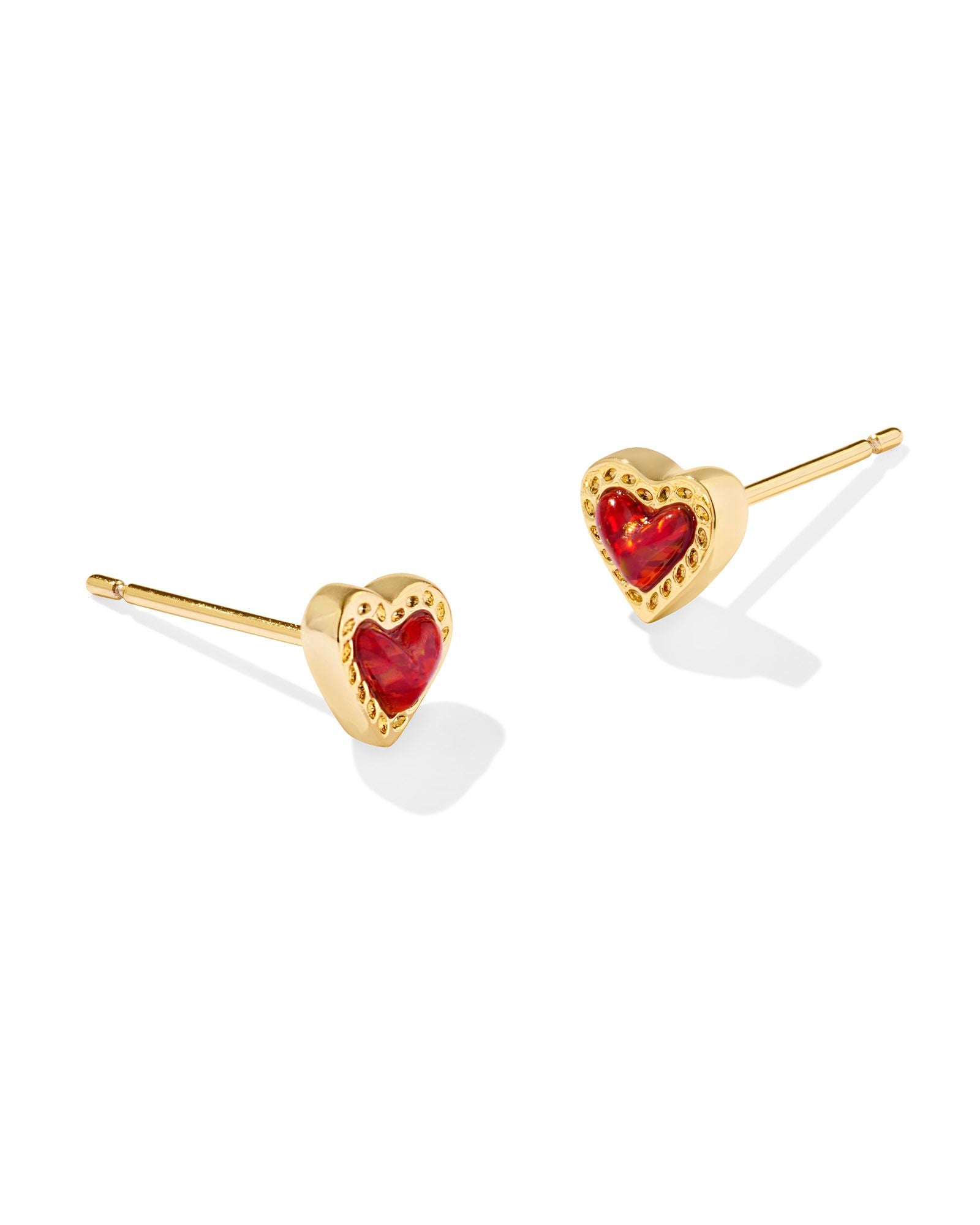 Mini Ari Heart Gold Stud Earrings Red Kyocera Opal