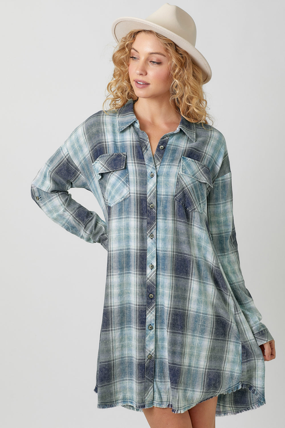 Rolled Up Sleeve Washed Plaid Dress