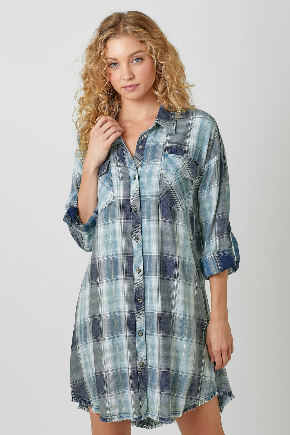 Rolled Up Sleeve Washed Plaid Dress