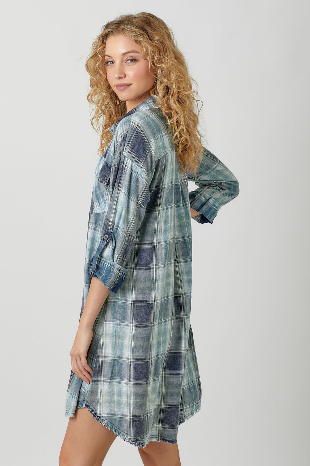 Rolled Up Sleeve Washed Plaid Dress