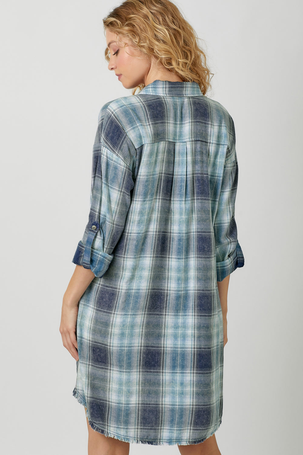 Rolled Up Sleeve Washed Plaid Dress