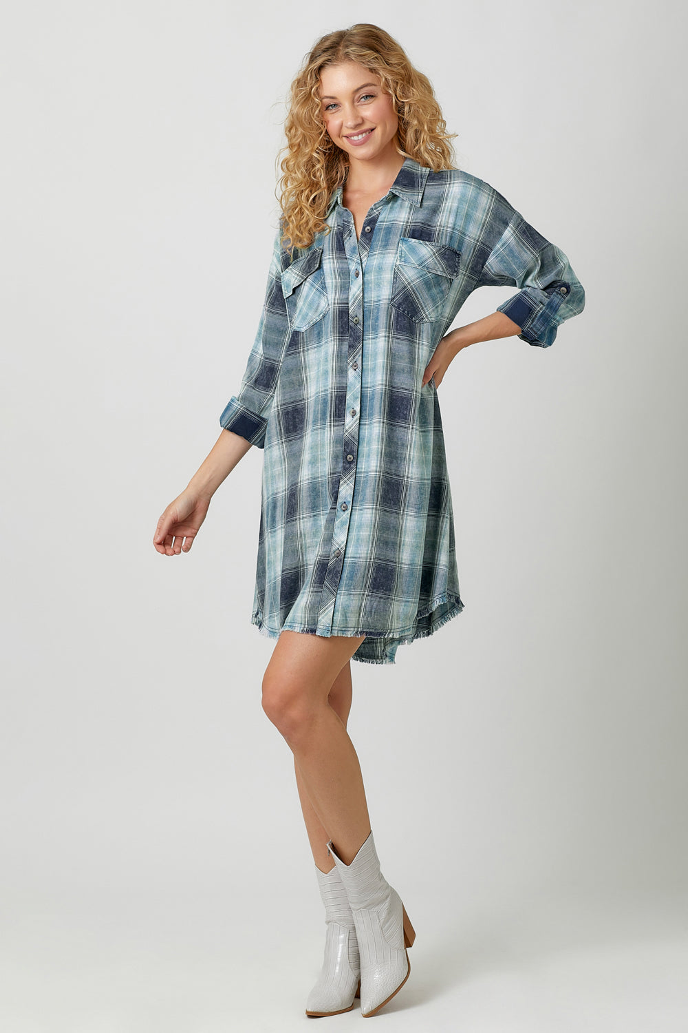 Rolled Up Sleeve Washed Plaid Dress