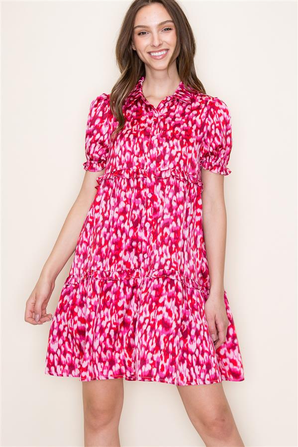 Collared Button Down Short Sleeve Tiered Dress