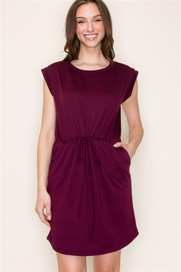 Round Neck Cap Sleeve Drawstring Waist Dress Wine