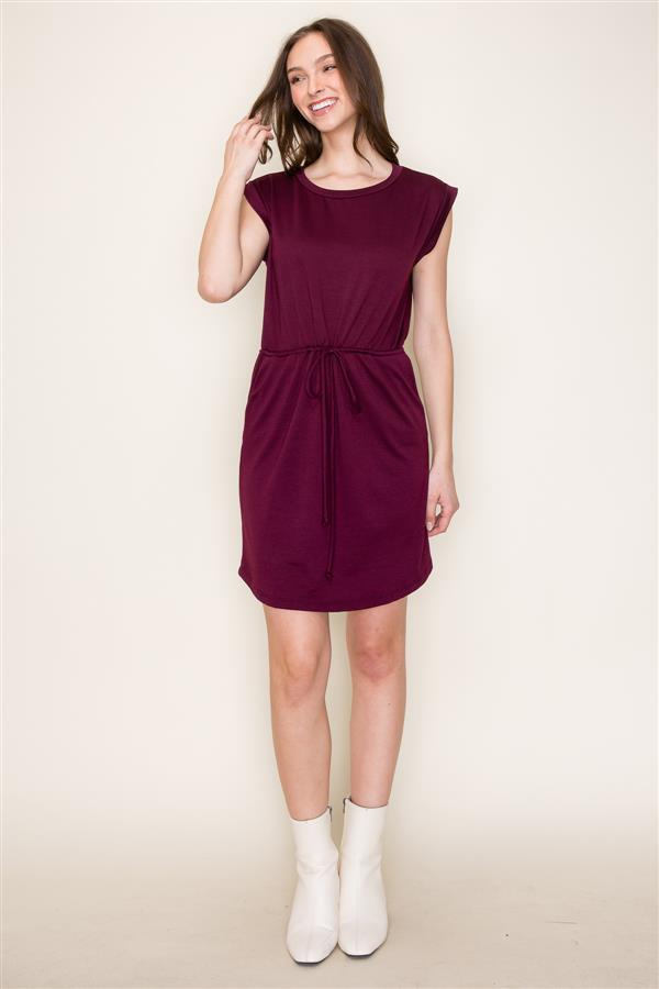 Round Neck Cap Sleeve Drawstring Waist Dress Wine