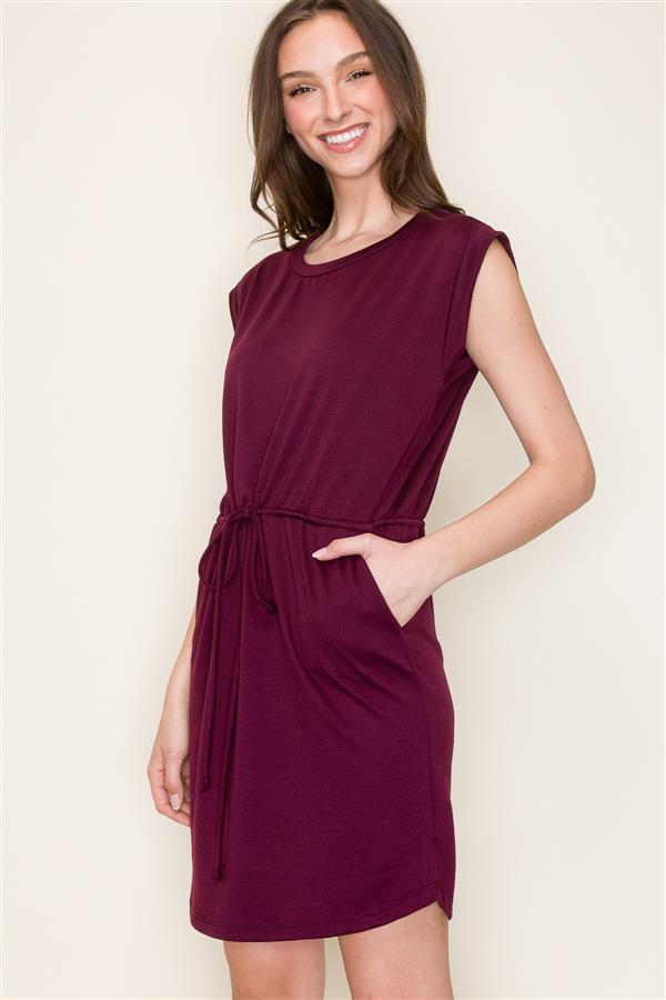 Round Neck Cap Sleeve Drawstring Waist Dress Wine