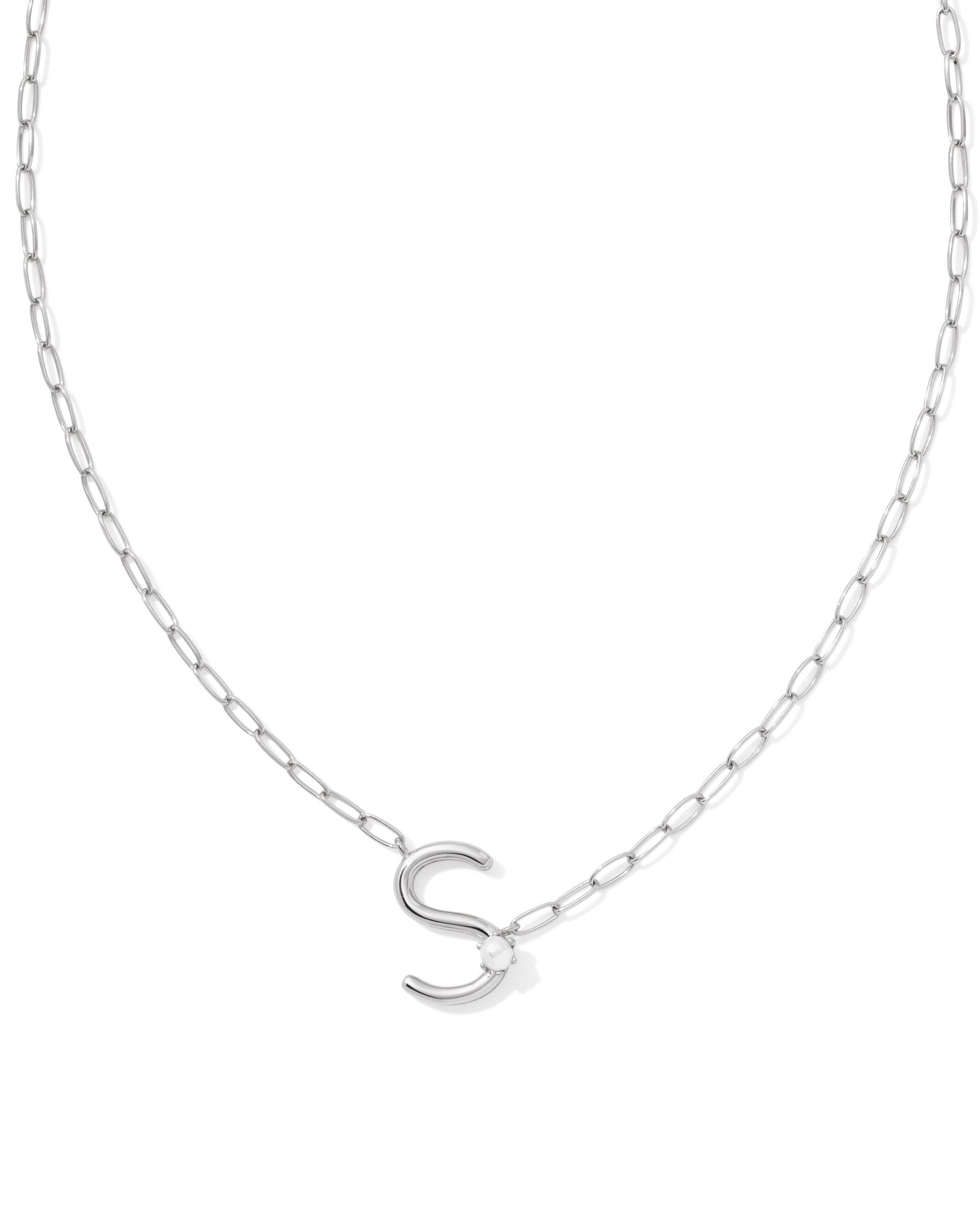 Pearl Letter S Pendant Necklace Silver White Pearl