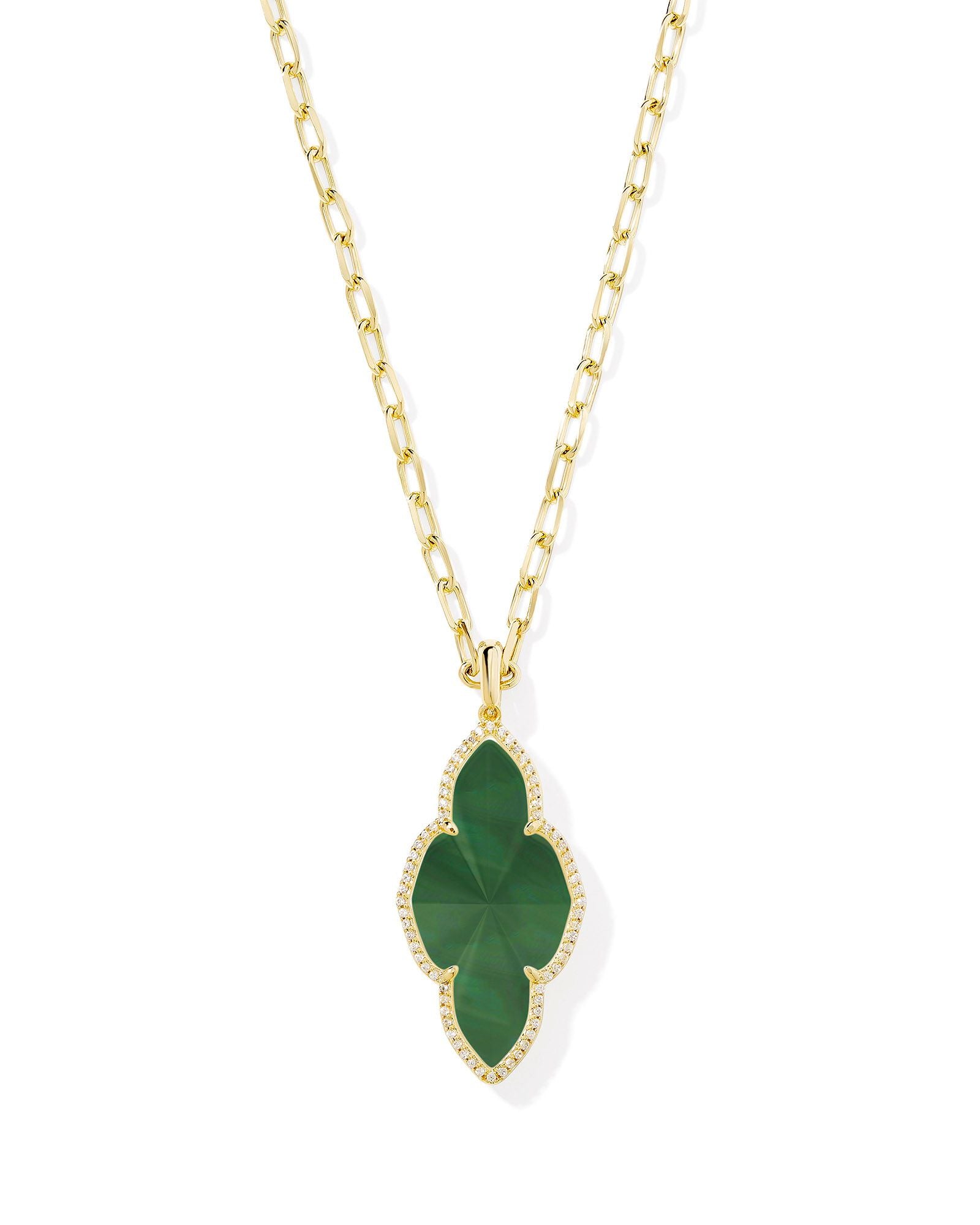 Abbie Gold Pave Frame Large Long Pendant Necklace Green Illusion