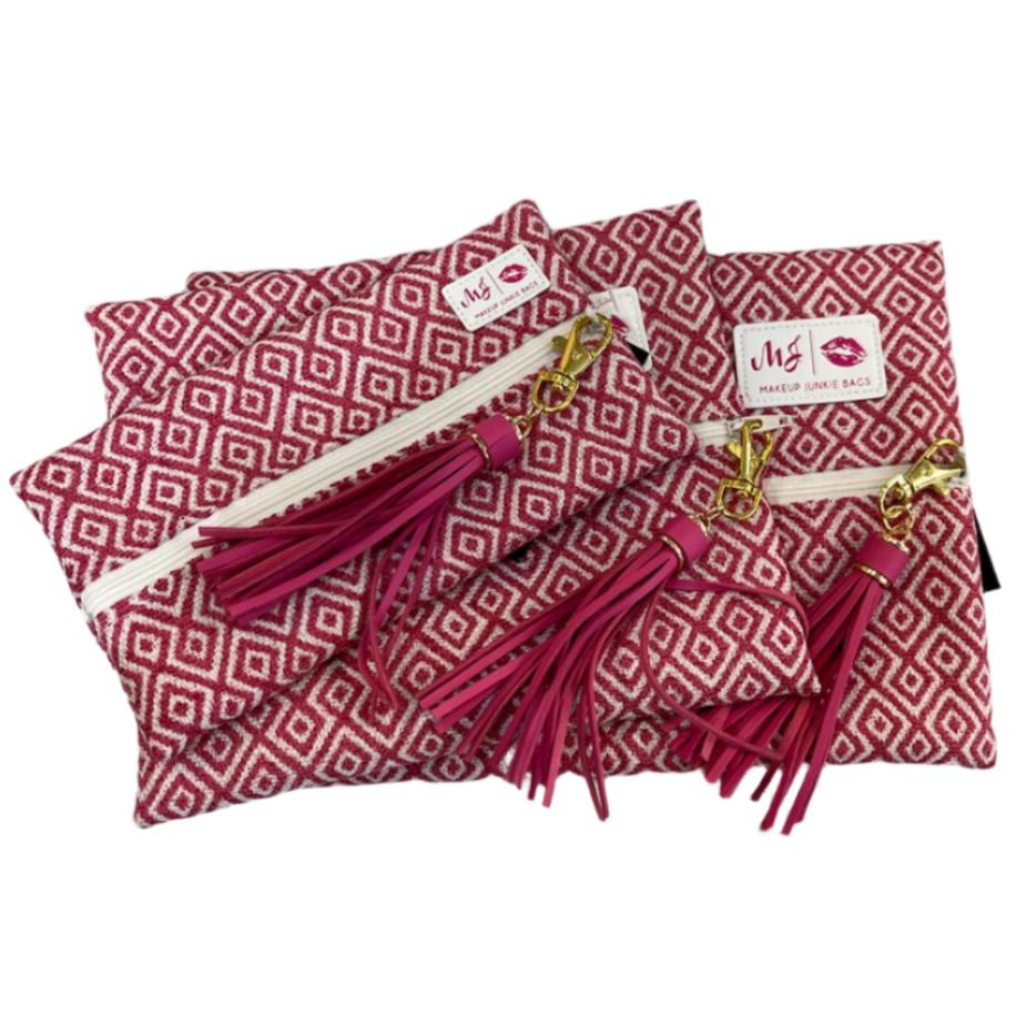 Makeup Junkie Bags 3 sizes Hot Pink Diamond Pattern