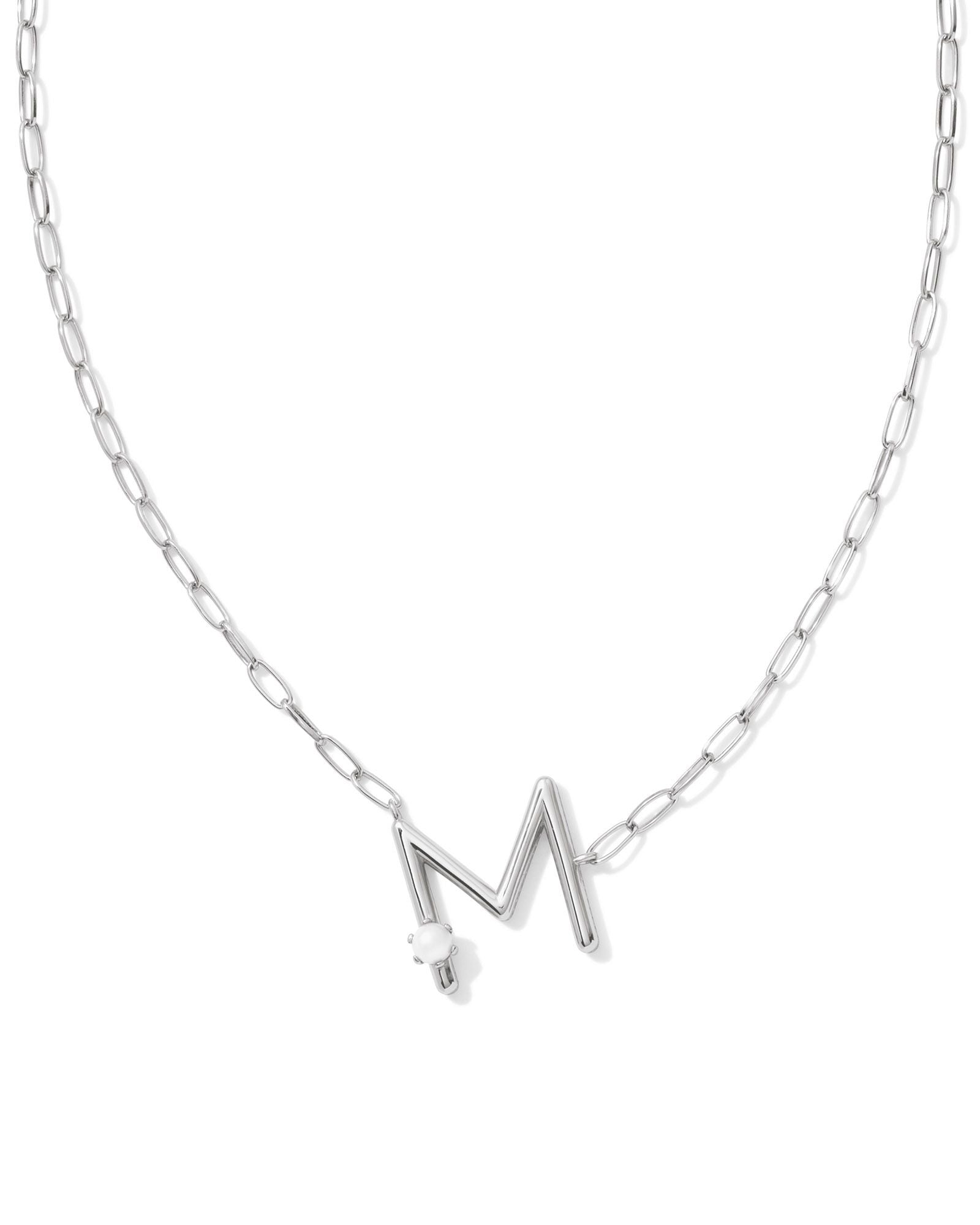 Pearl Letter M Pendant Necklace Silver White Pearl