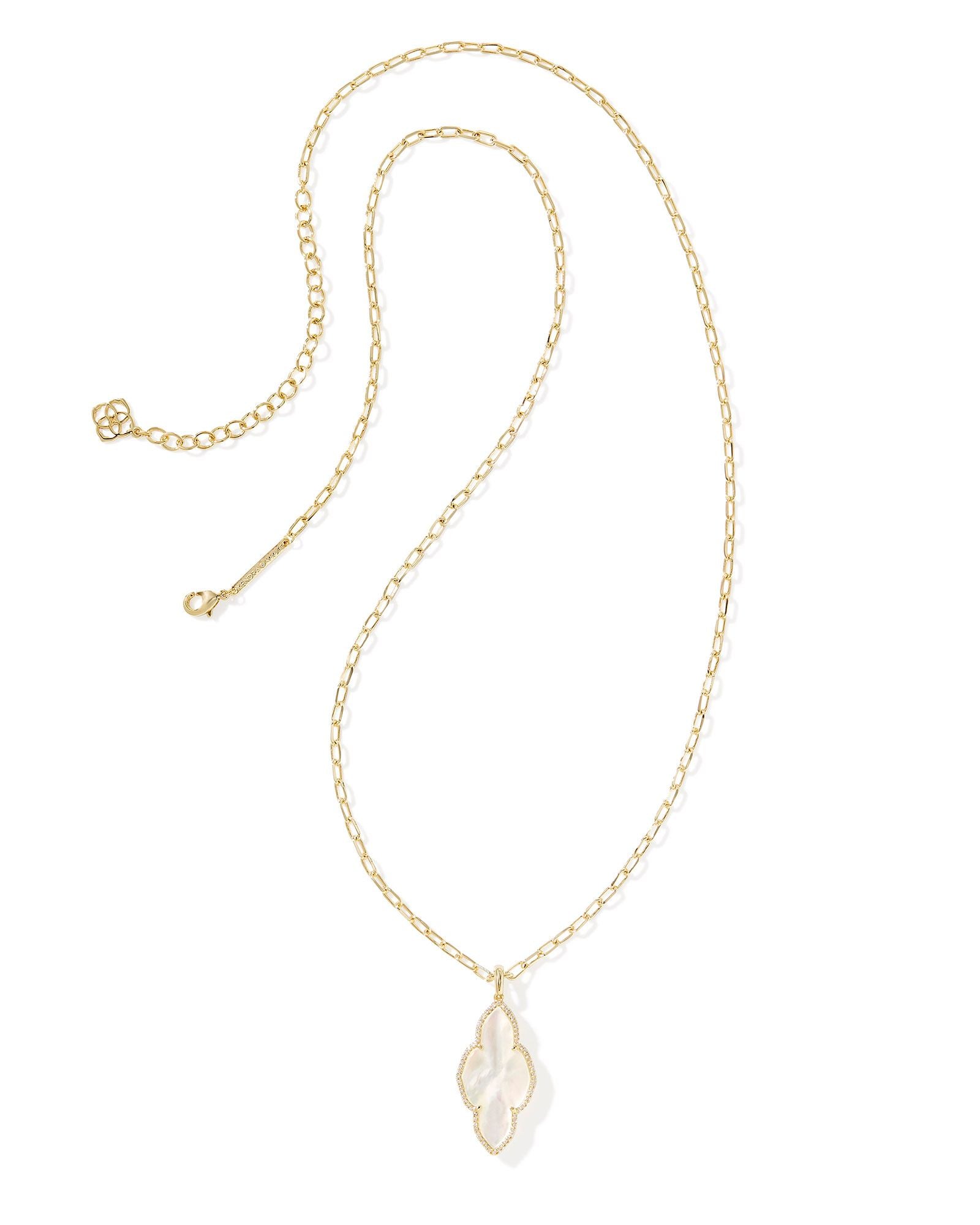 Abbie Gold Pave Frame Large Long Pendant Necklace Ivory MOP