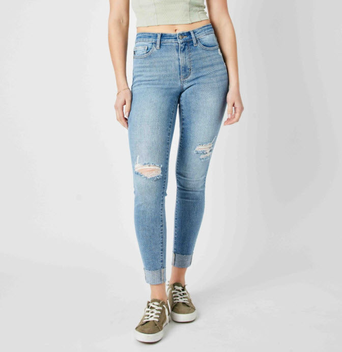 Mid-Rise Distressed Cuff Skinny Jeans