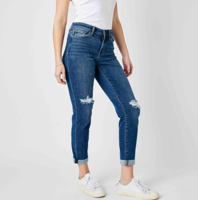 Mid-Rise Distressed Slim Cuffed Jeans