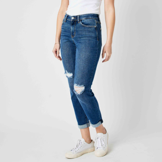 Mid-Rise Distressed Slim Cuffed Jeans