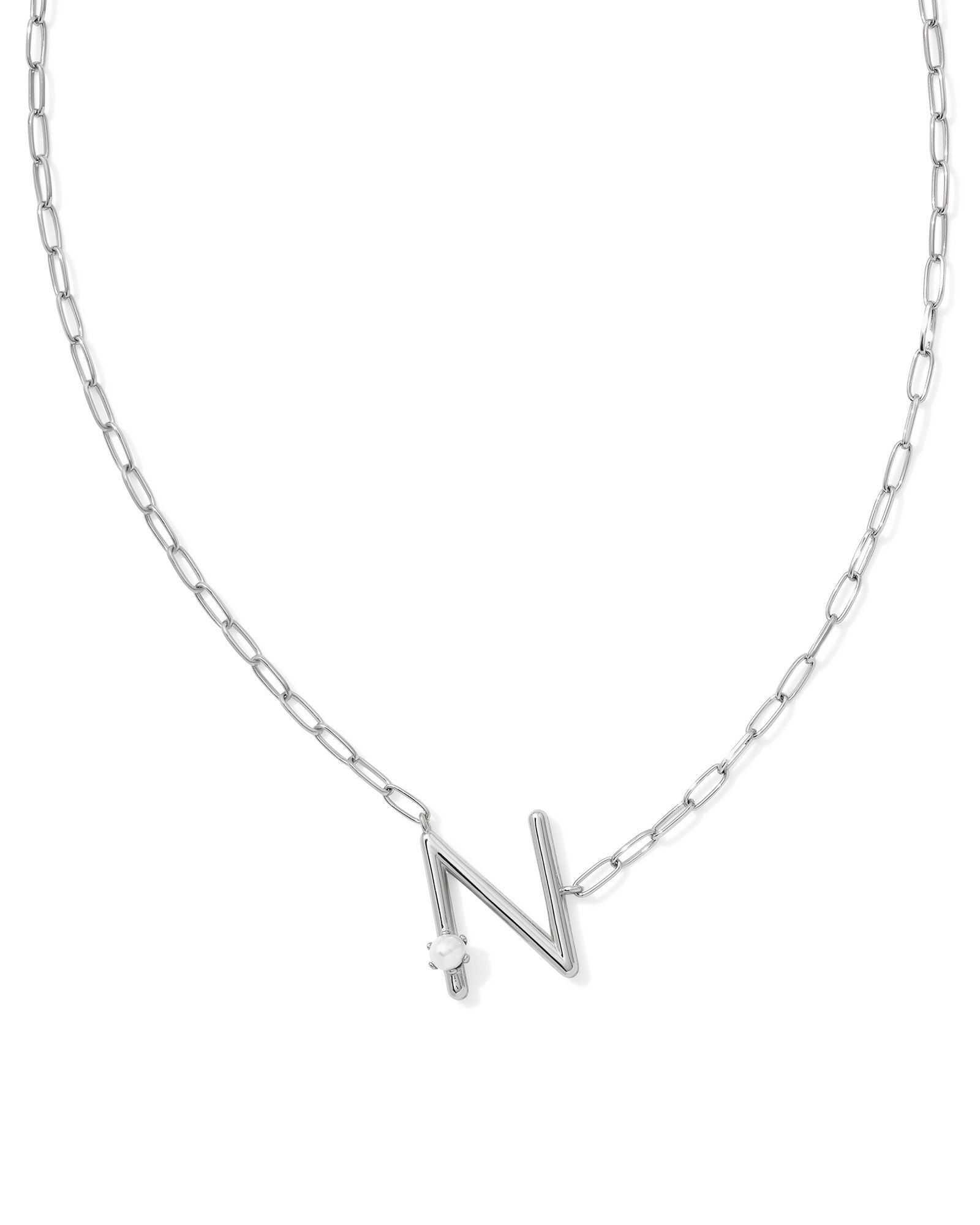 Pearl Letter N Pendant Necklace Silver White Pearl