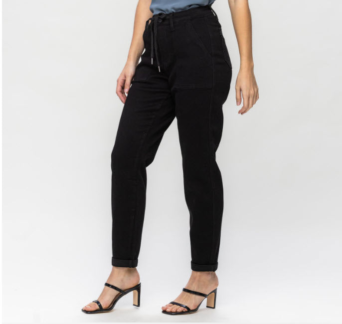 High Rise Jet Black Double Roll Cuff Jogger