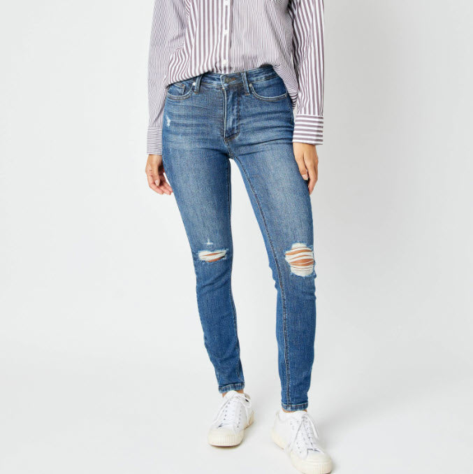 Mid-Rise Tummy Control Distressed Skinny Jeans
