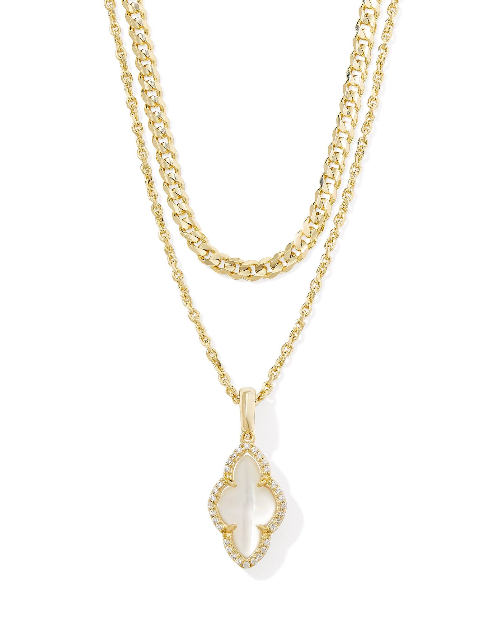 Abbie Gold Pave Frame Multi Strand Necklace Ivory MOP