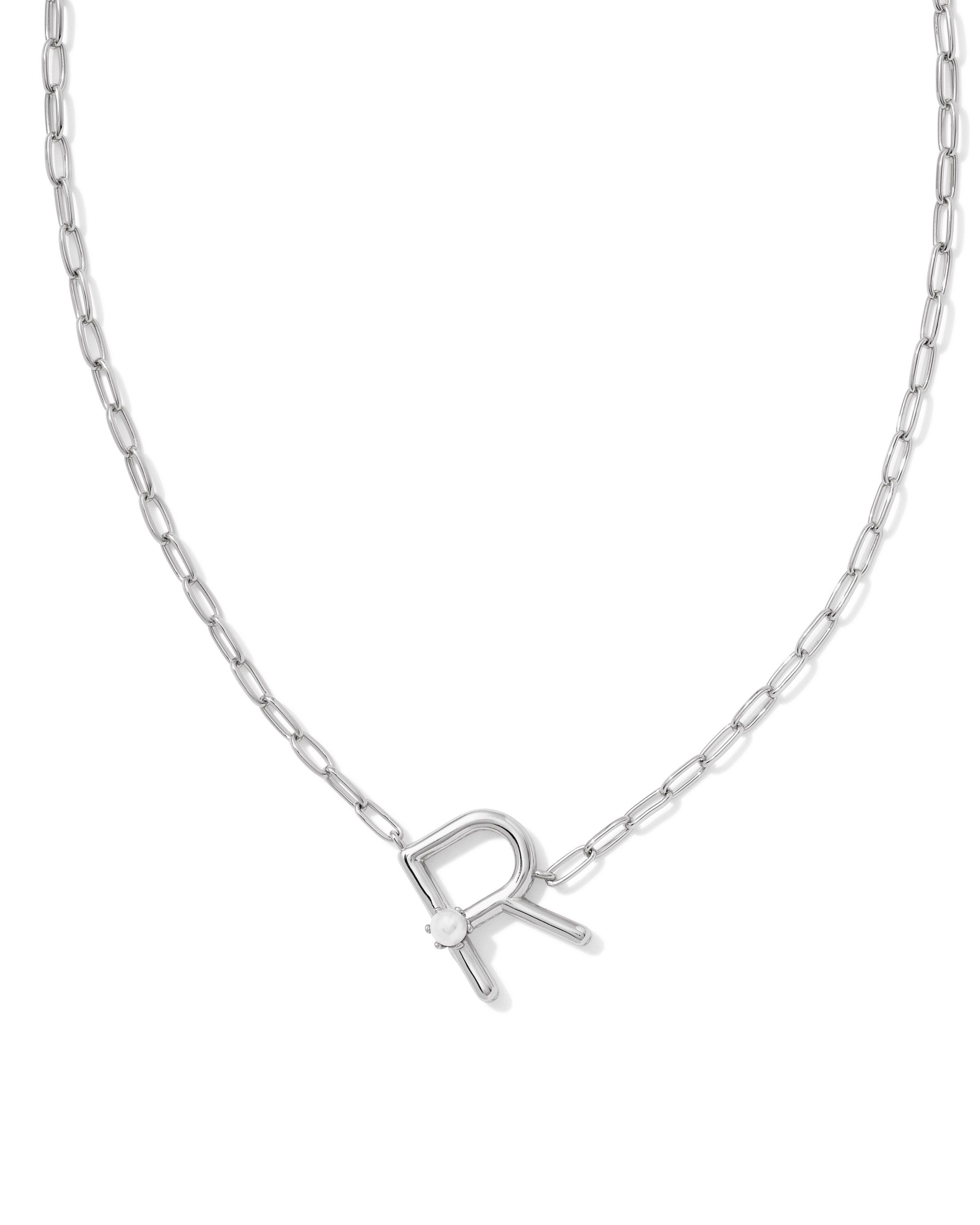 Pearl Letter R Pendant Necklace Silver White Pearl