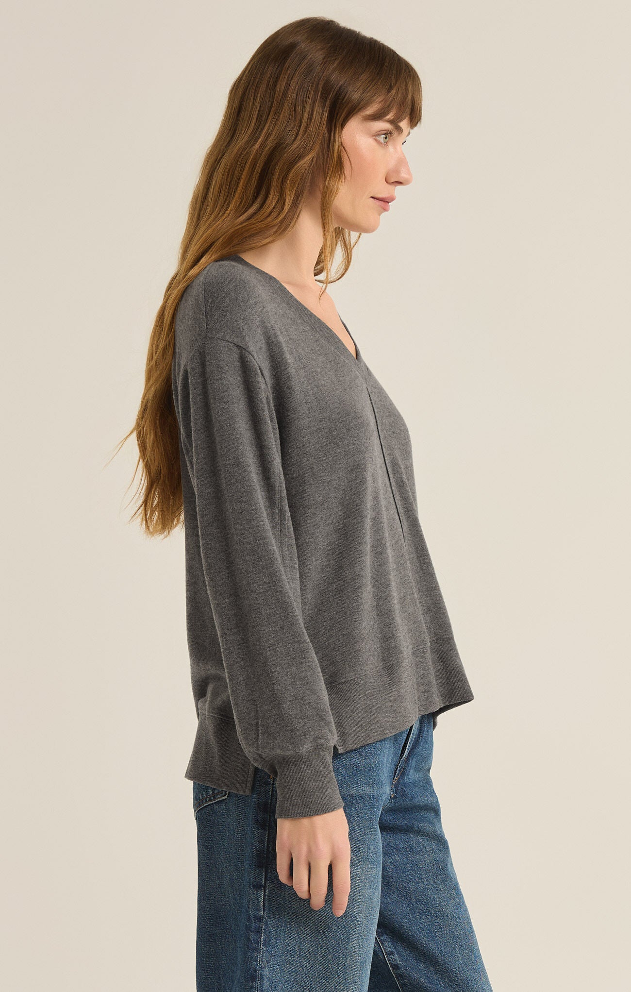 Wilder Cloud V-Neck Long Sleeve Top Charcoal Heather