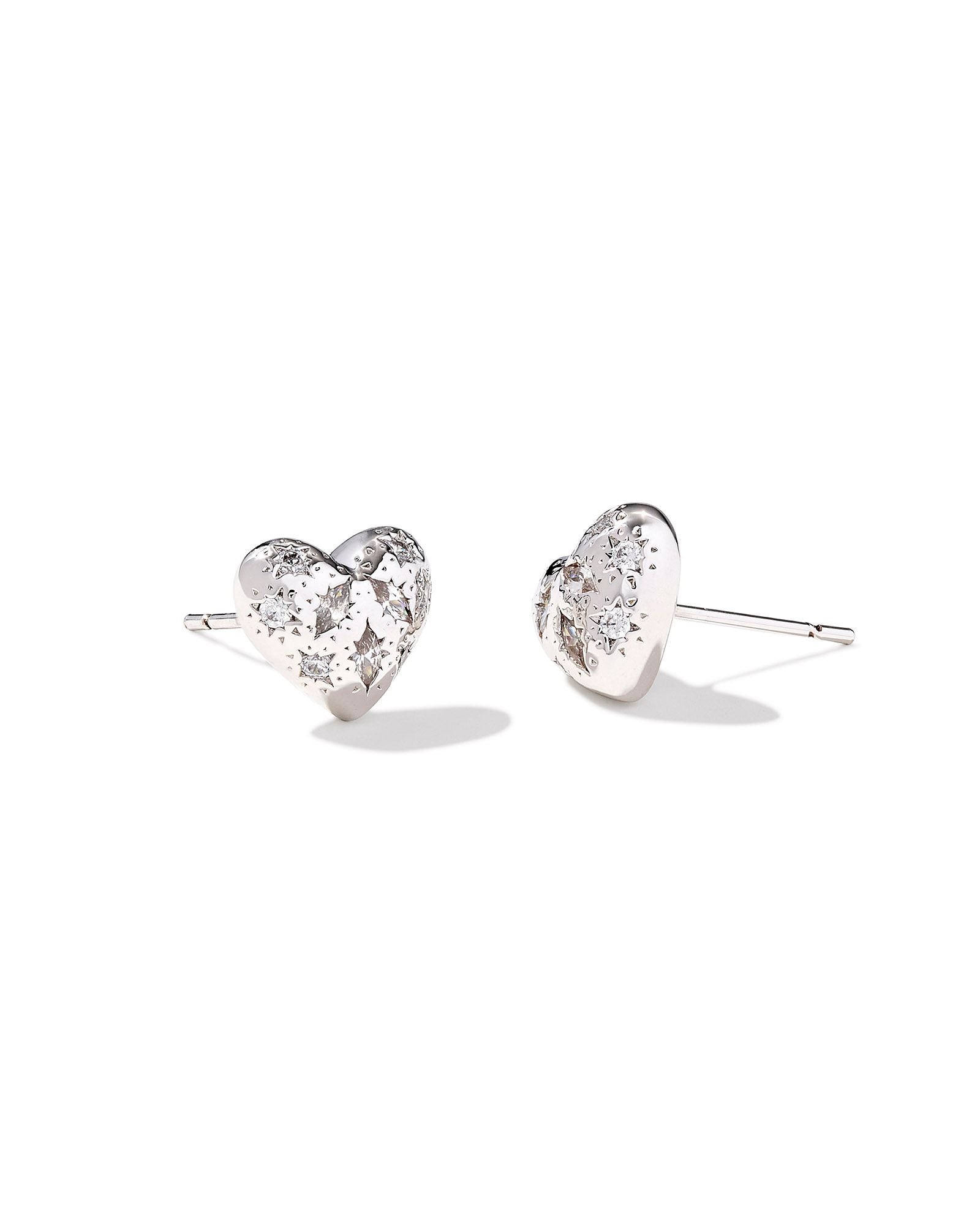 Holland Silver Heart Stud Earrings  White Crystal