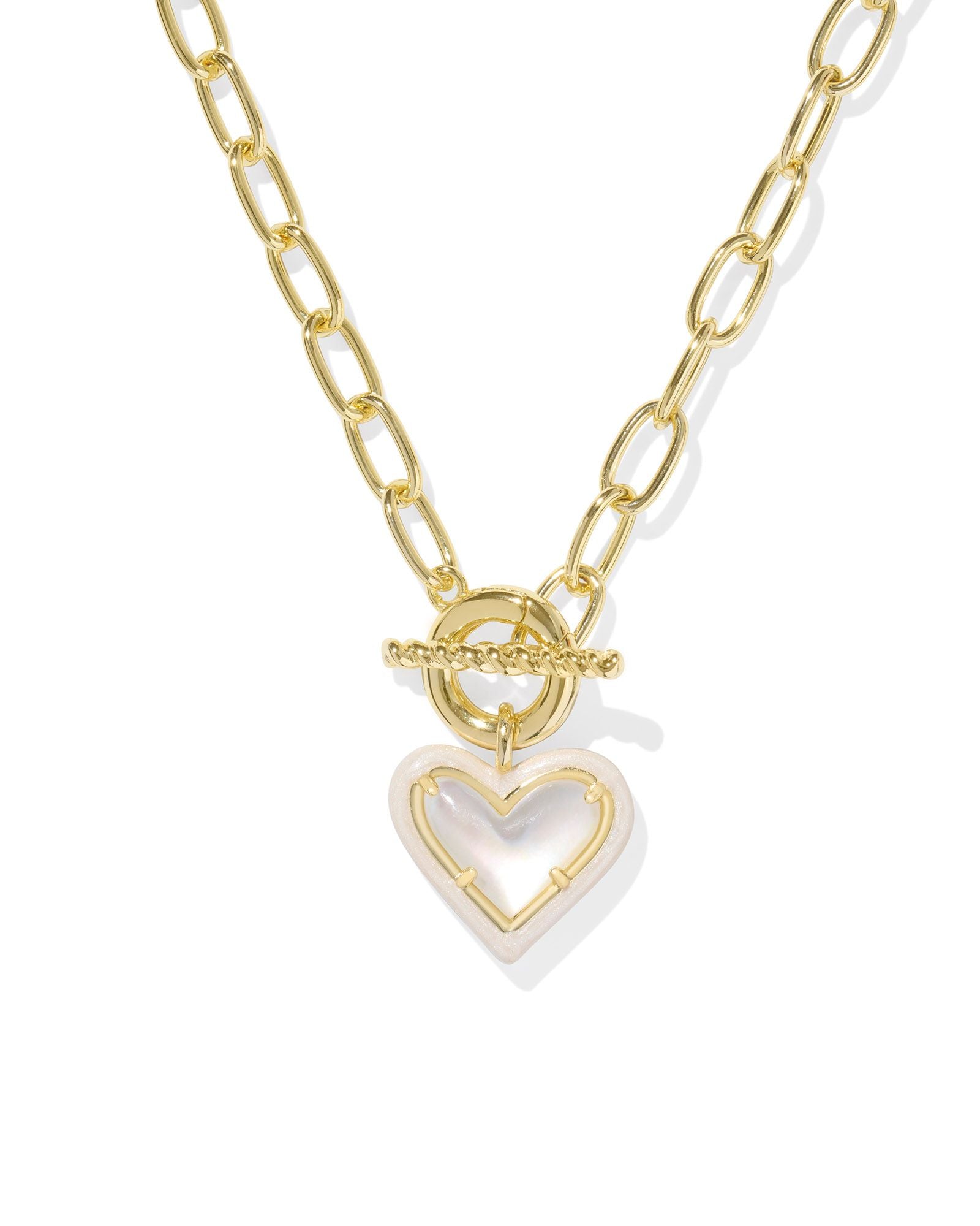 Ari Heart Gold Enamel Frame Link and Chain Necklace Ivory MOP