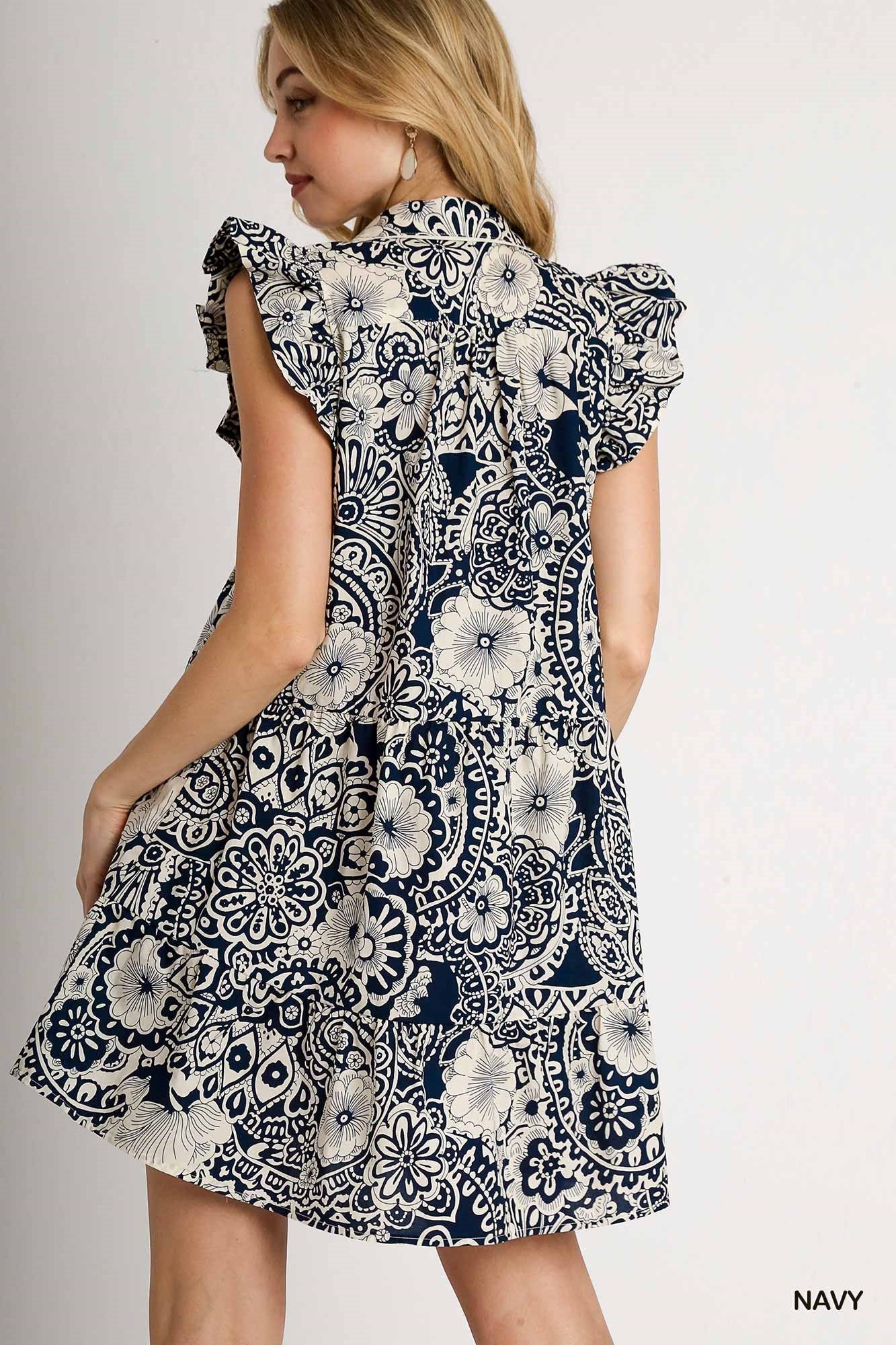 Ruffled Cap Sleeve Abstract Print Dress