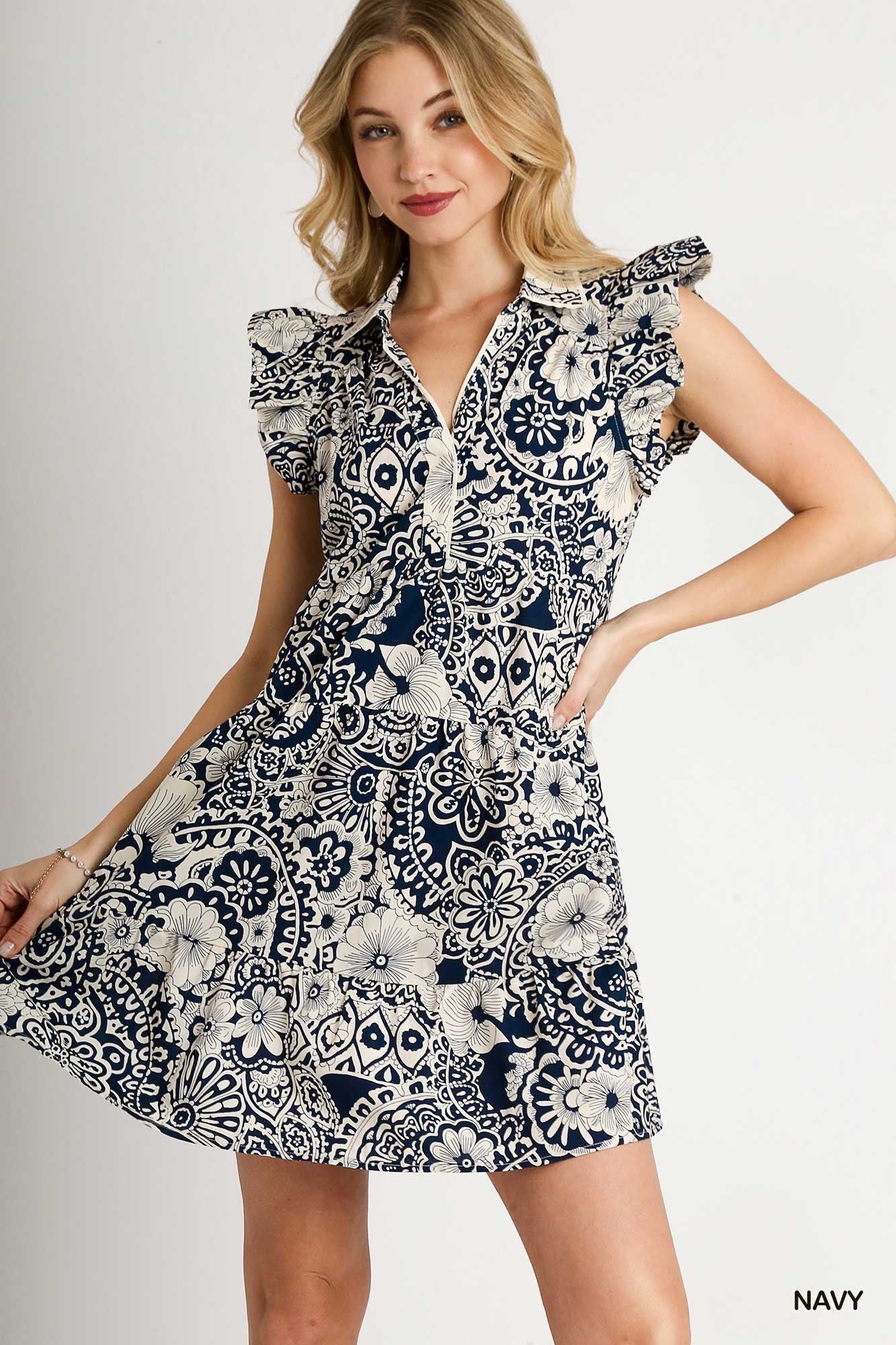 Ruffled Cap Sleeve Abstract Print Dress