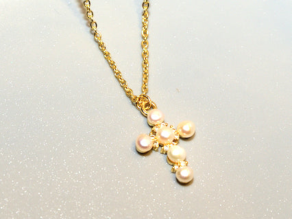 Abe Pearl Cross Necklace Gold or Silver