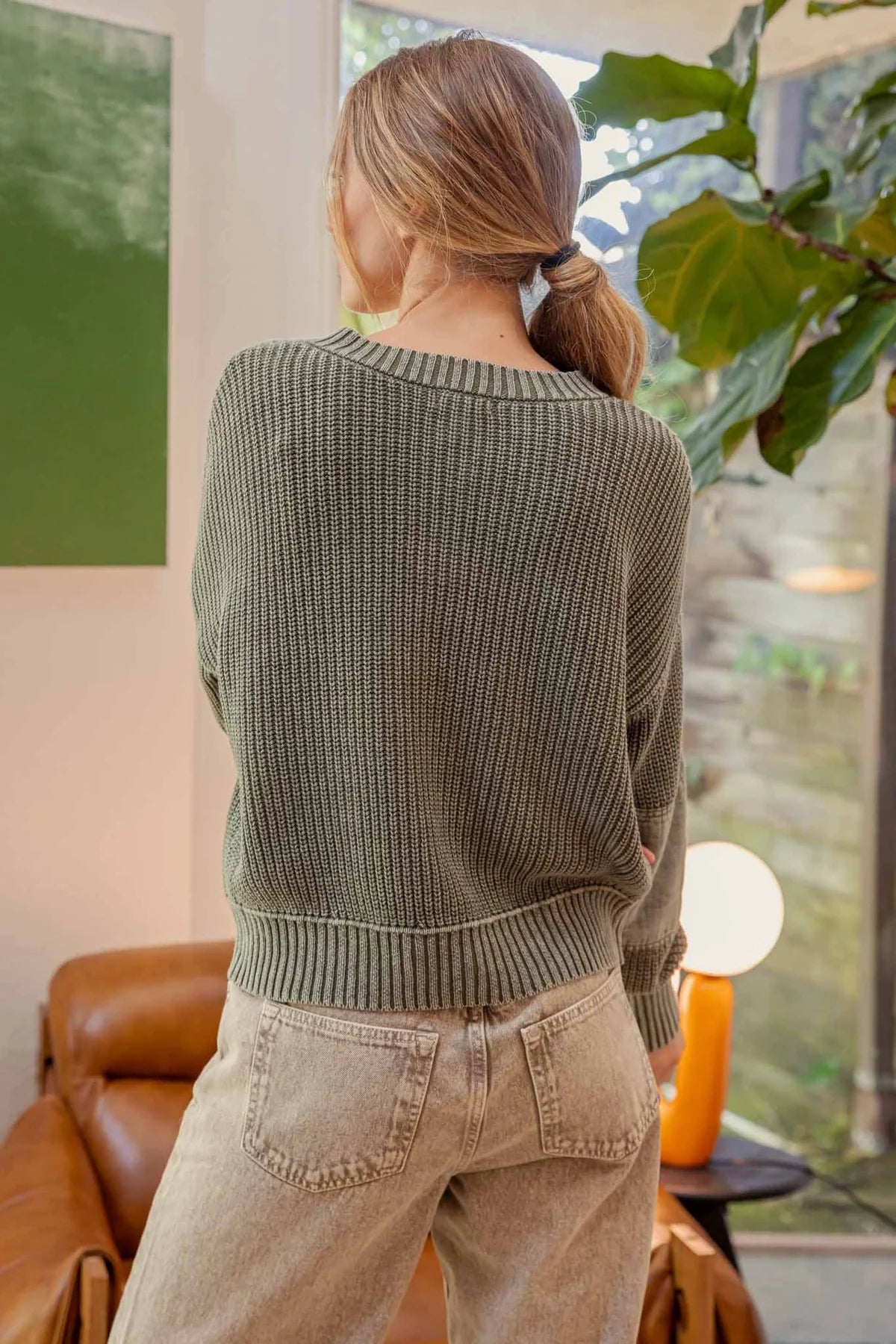 Long Sleeve Washed Henley Sweater w/Elbow Patch