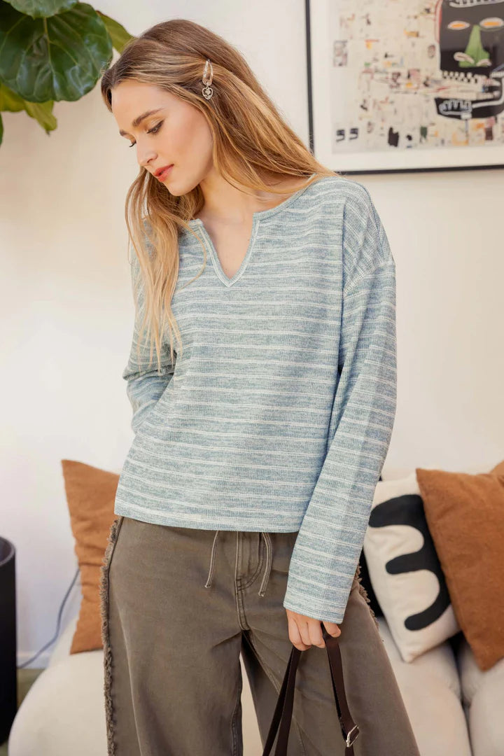 Stripe Split Neck Long Sleeve Marled Knit Top