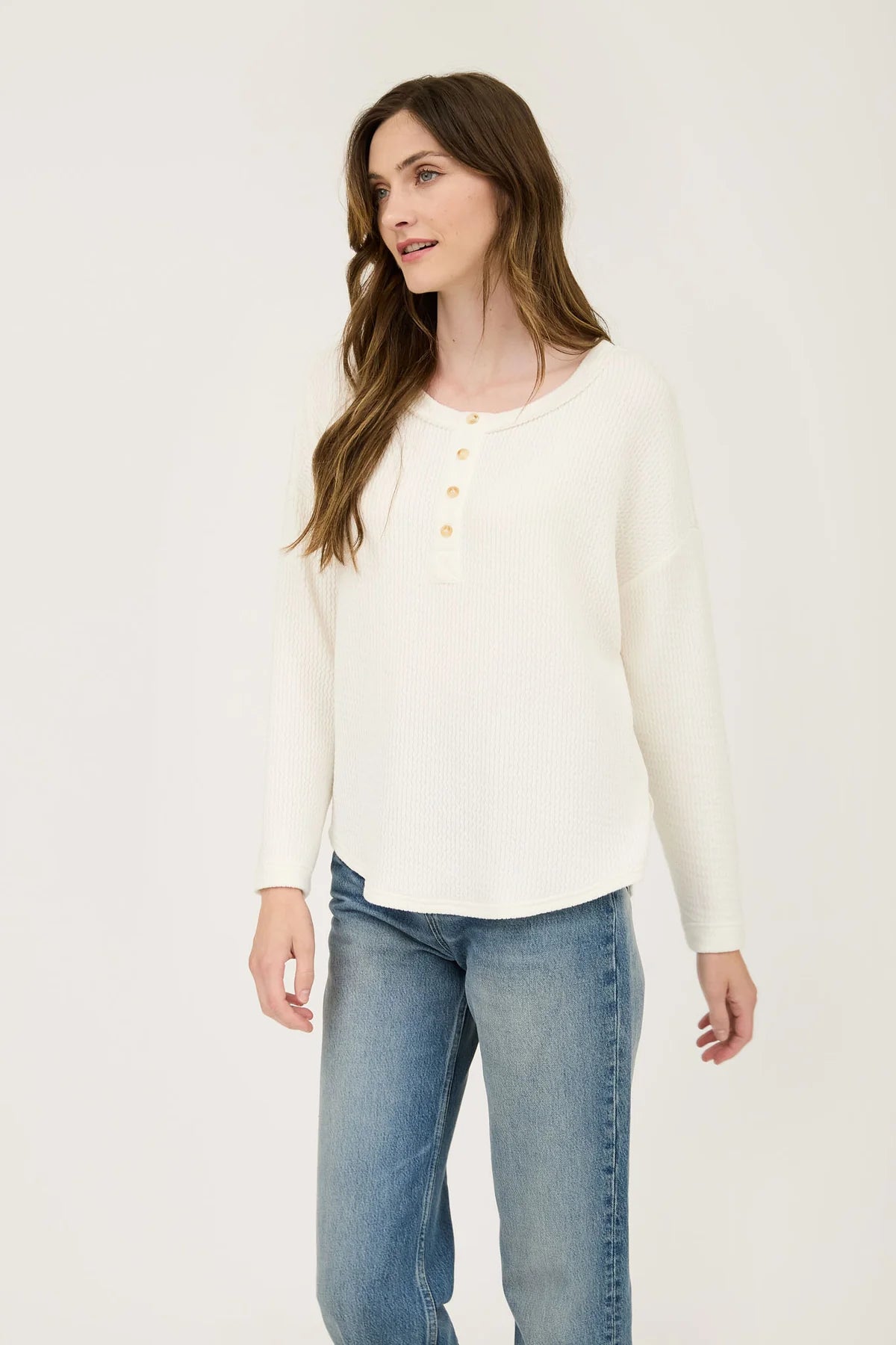 Waffle Knit Long Sleeve Henley Cream