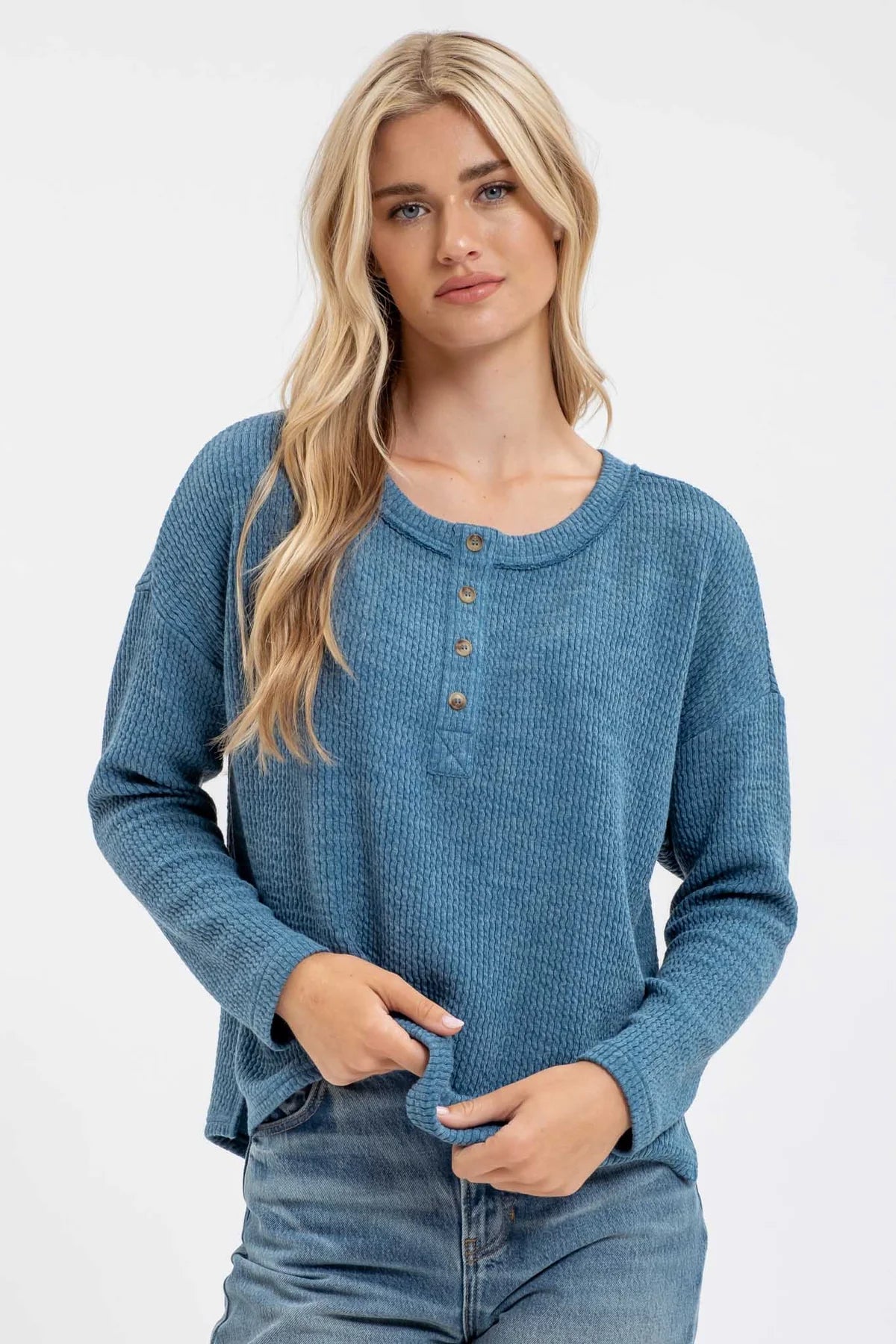 Waffle Knit Long Sleeve Henley Teal