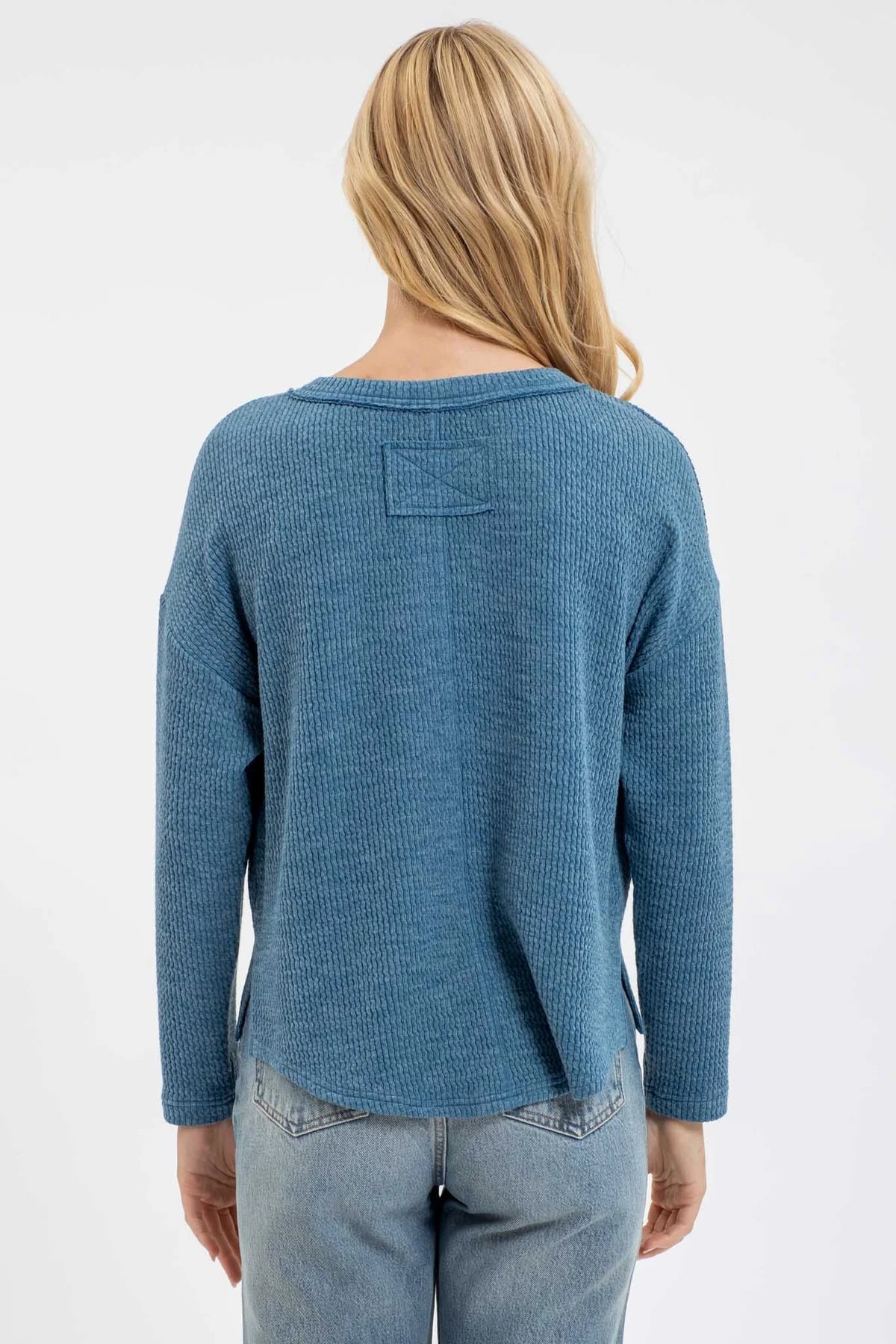 Waffle Knit Long Sleeve Henley Teal